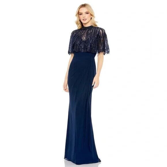 Mac Duggal Sleeveless Gown with Embellished Cape Sz 14 Navy Blue 20467 $598 - Picture 1 of 6